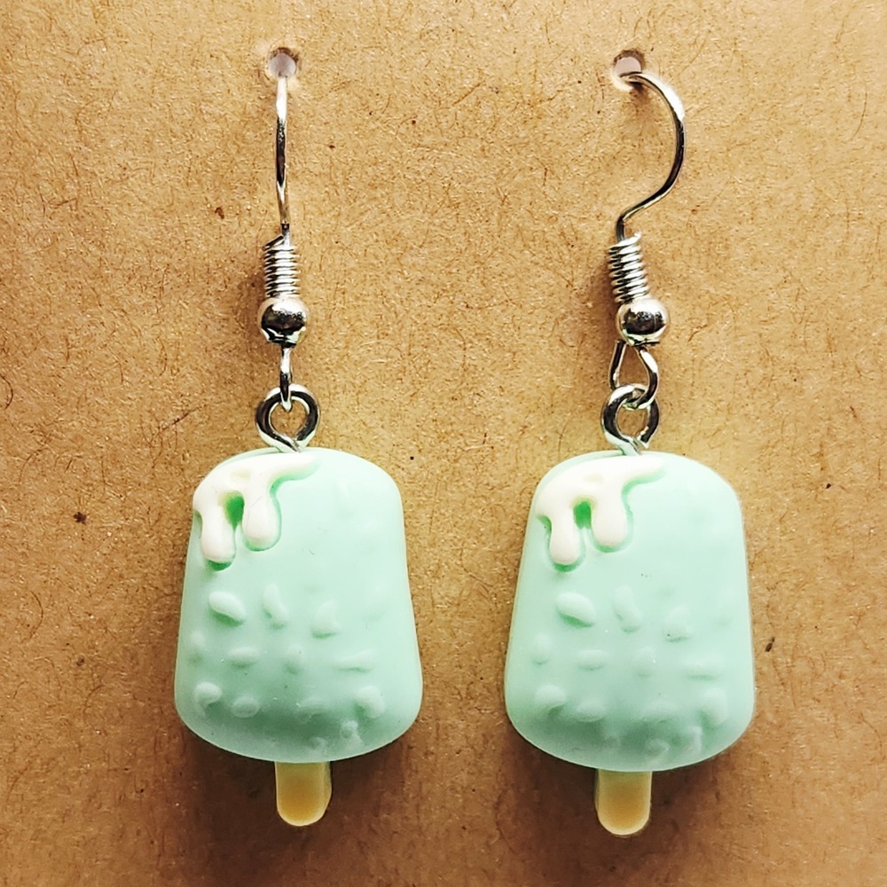 Handmade Mint Green w/White Icing Popsicle Dangle Earrings NWOT Ladies Fun Event